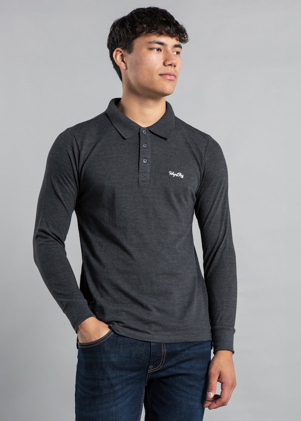 Tokyo Laundry Charcoal Cotton Long Sleeve Polo