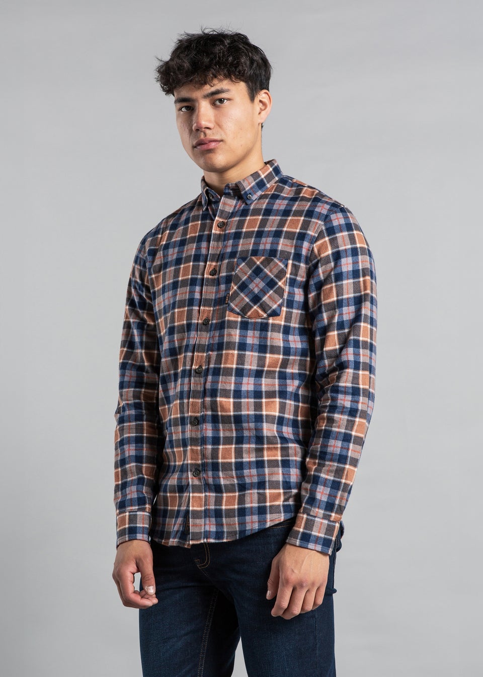 Tokyo Laundry Brown Long Sleeve Flannel Shirt with Checked Print