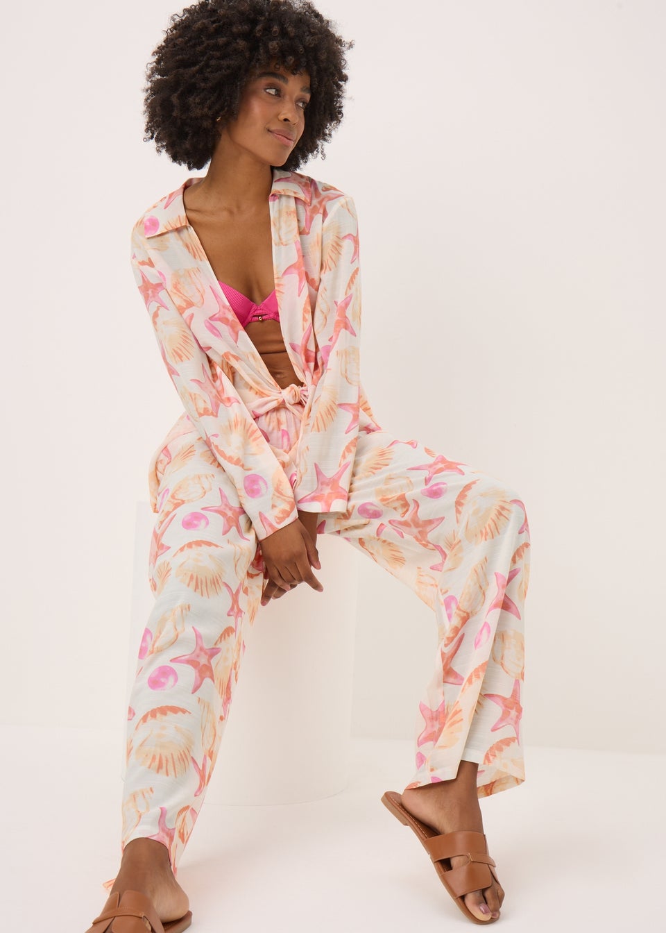 Pink Starfish Print Co Ord Wide Leg Trousers