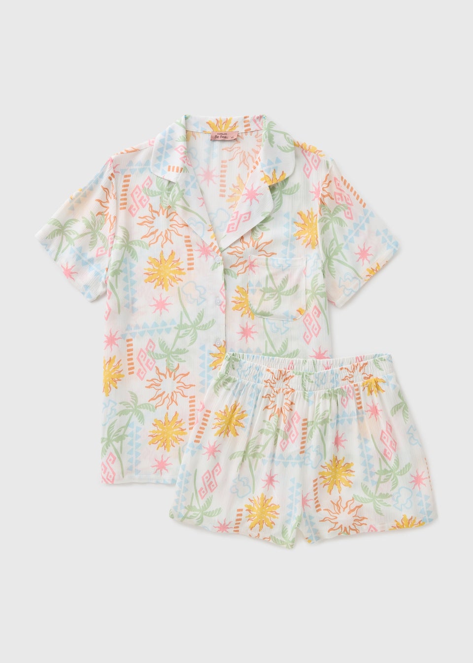 White Crinkle Sun & Palm Tree Shorts Pyjama Set