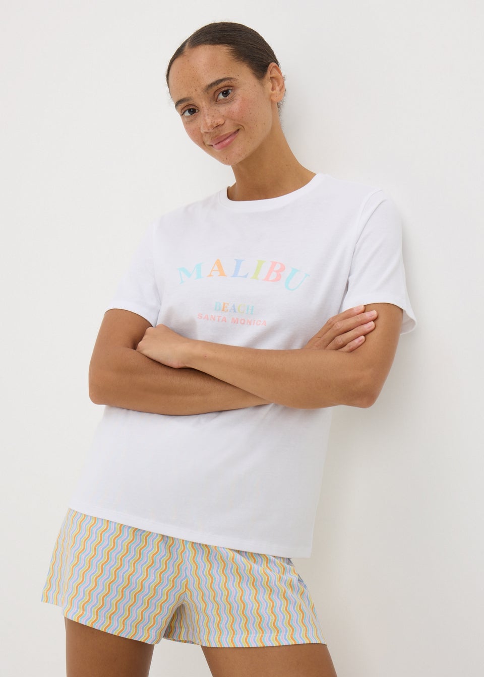 White Malibu Stripe Shorts & T-Shirt Pyjama Set