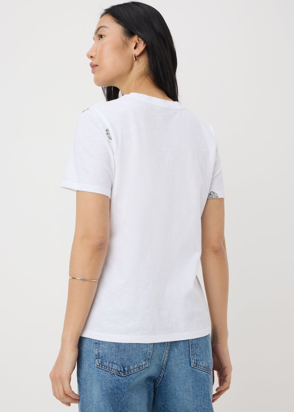 White Embroidered Leaf Print T-Shirt