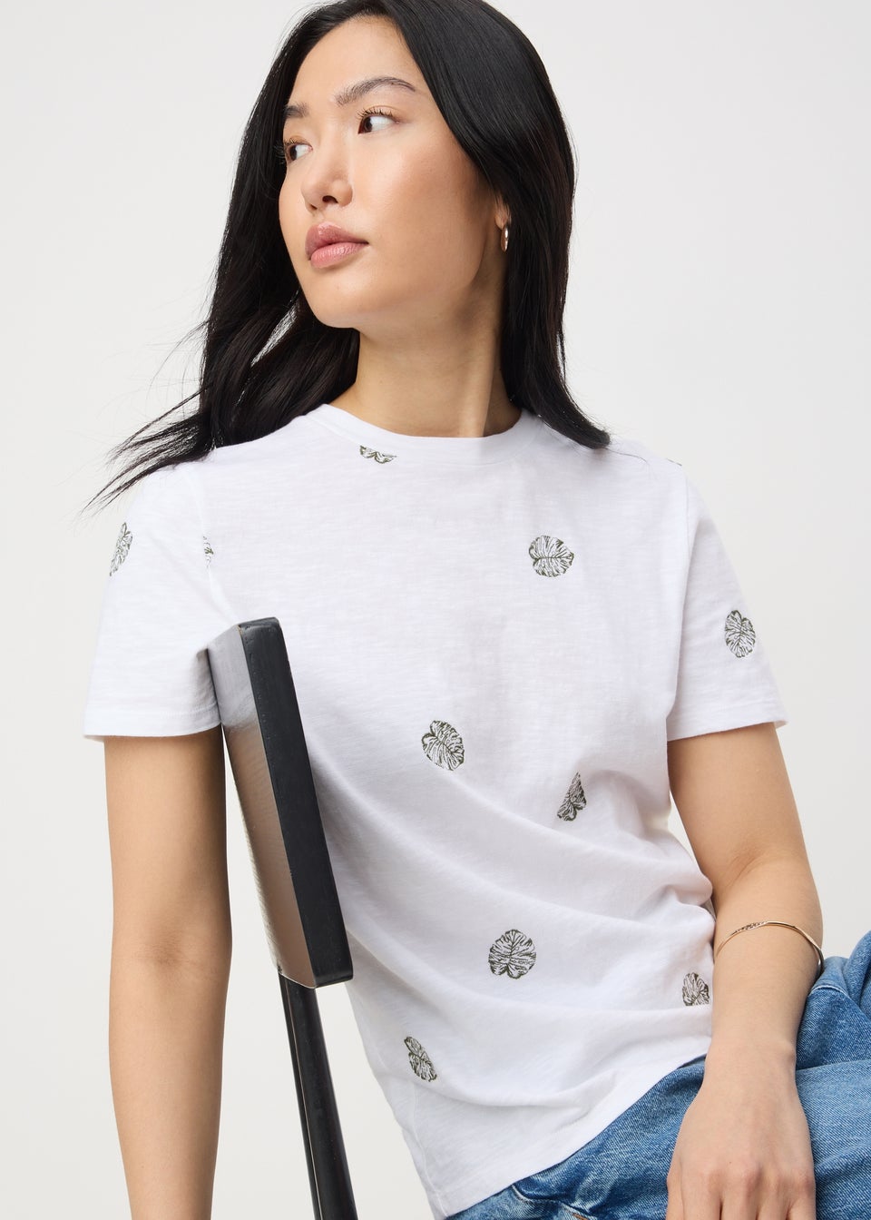 White Embroidered Leaf Print T-Shirt