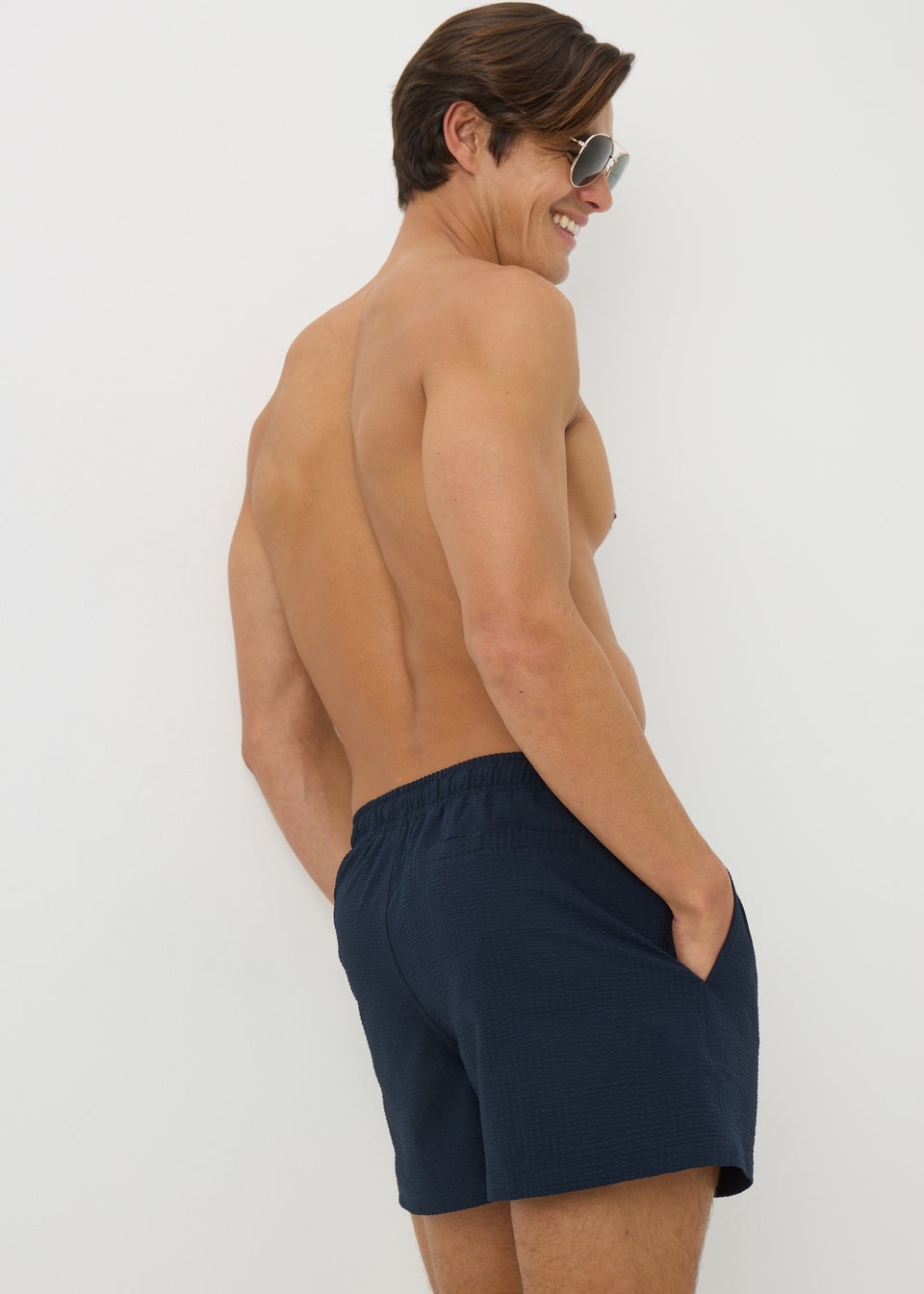 Navy Textured Seersucker Swim Shorts