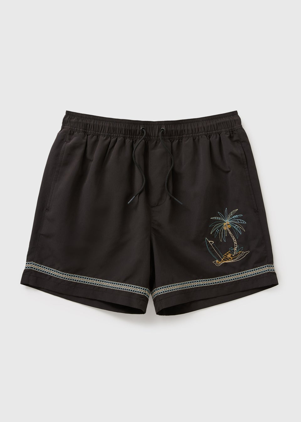 Black Palm Tree Embroidered Swim Shorts
