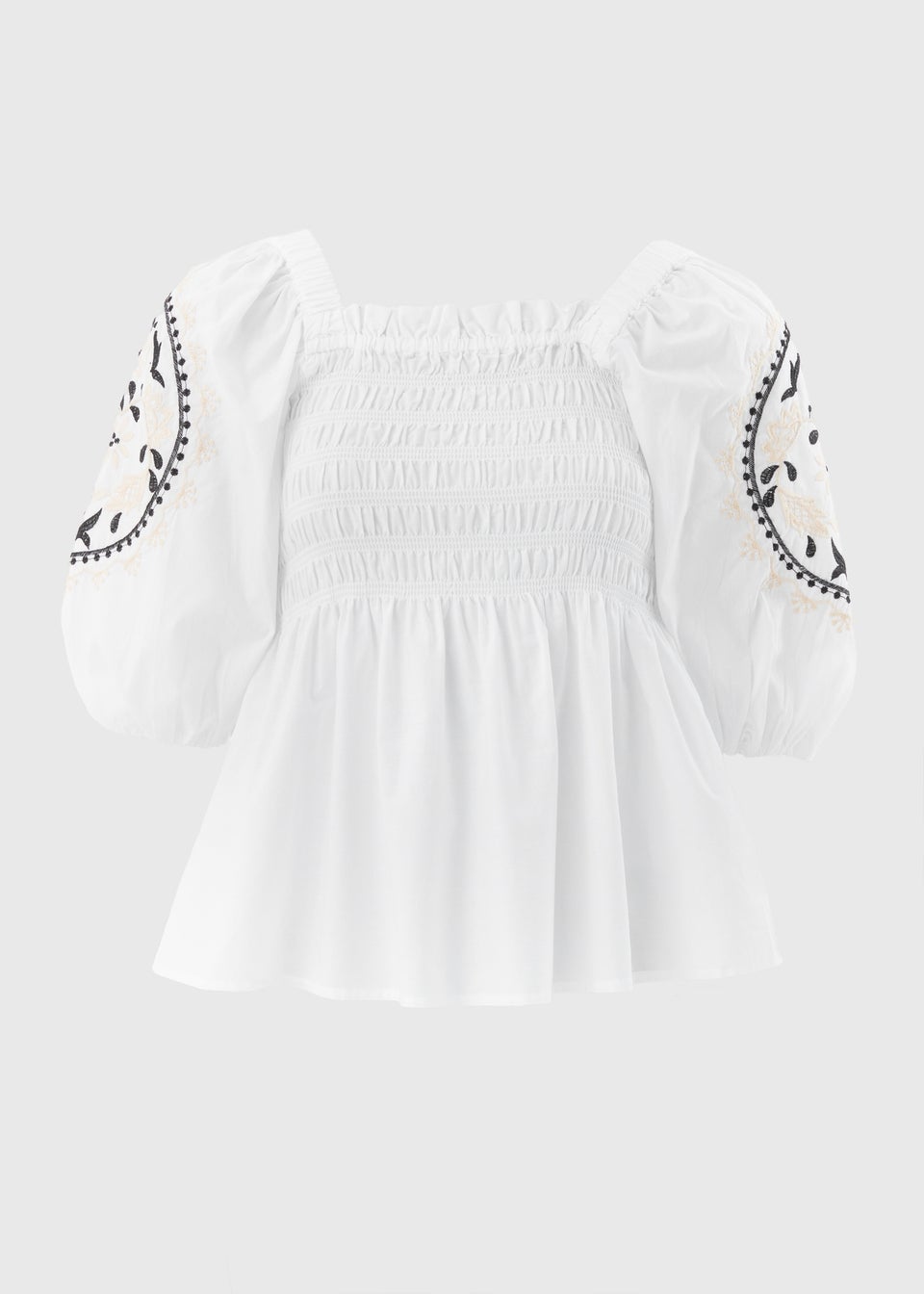 Cream Embroidered Shirred Blouse