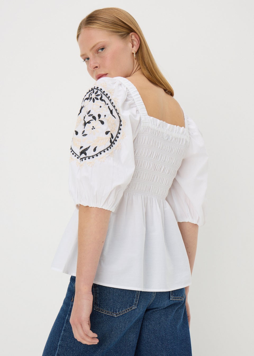Cream Embroidered Shirred Blouse