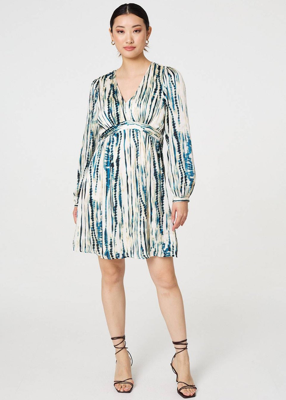 Izabel London Teal Abstract Long Sleeve Empire Mini Dress
