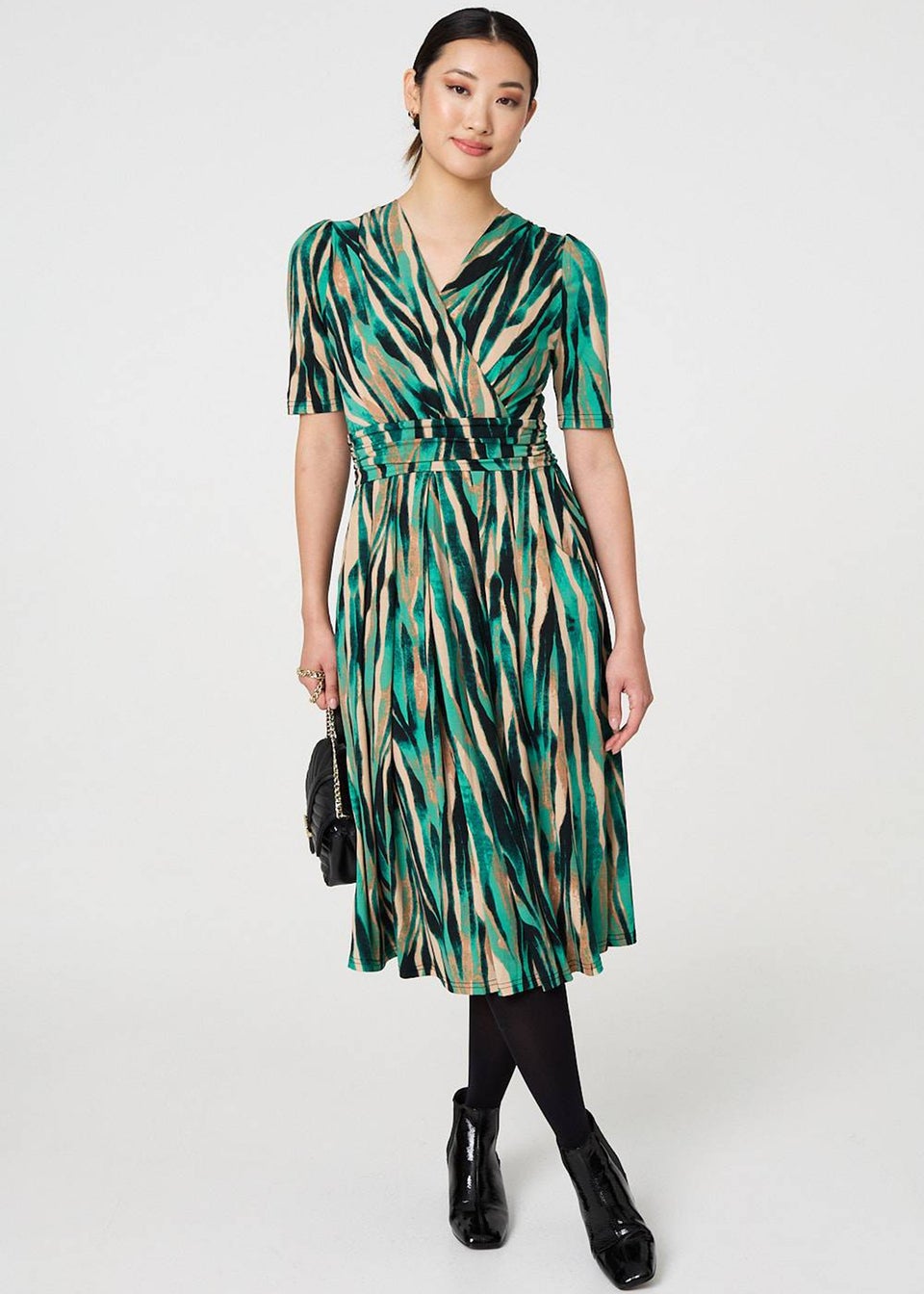 Izabel London Green Printed Wrap Waist Midi Dress