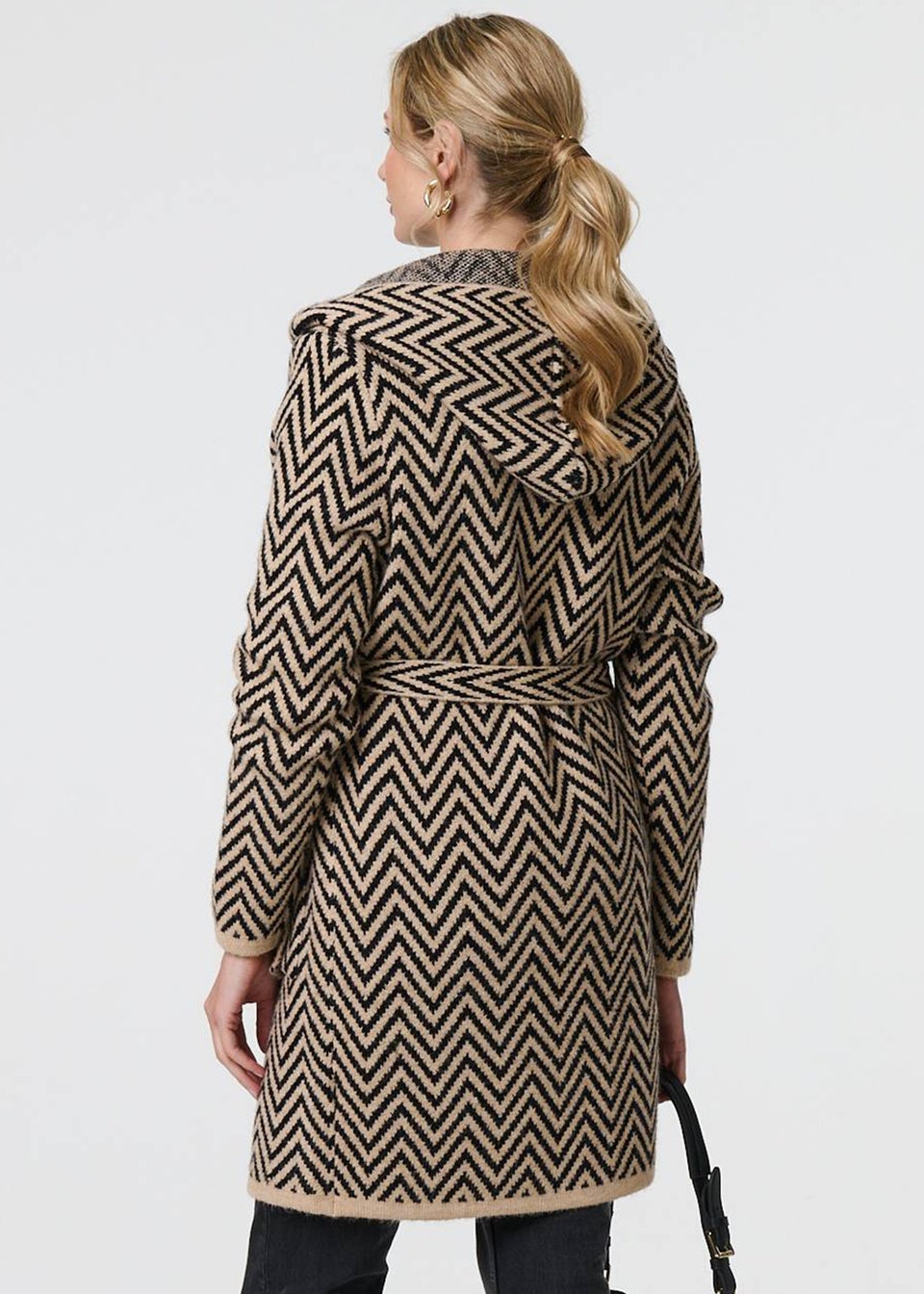 Izabel London Beige Chevron Print Tie Waist Hooded Coatigan