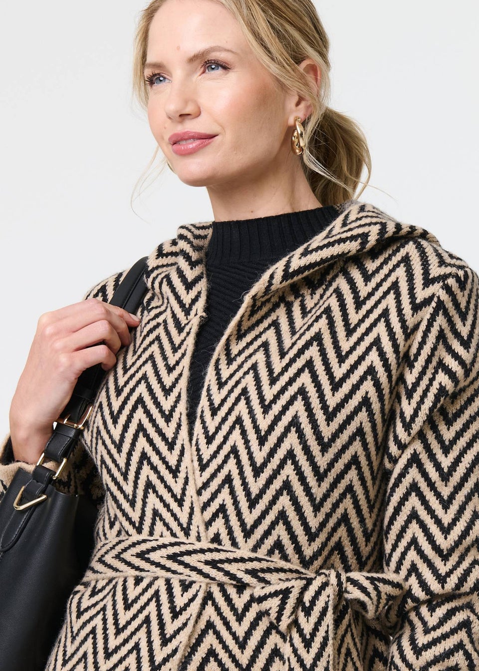 Izabel London Beige Chevron Print Tie Waist Hooded Coatigan