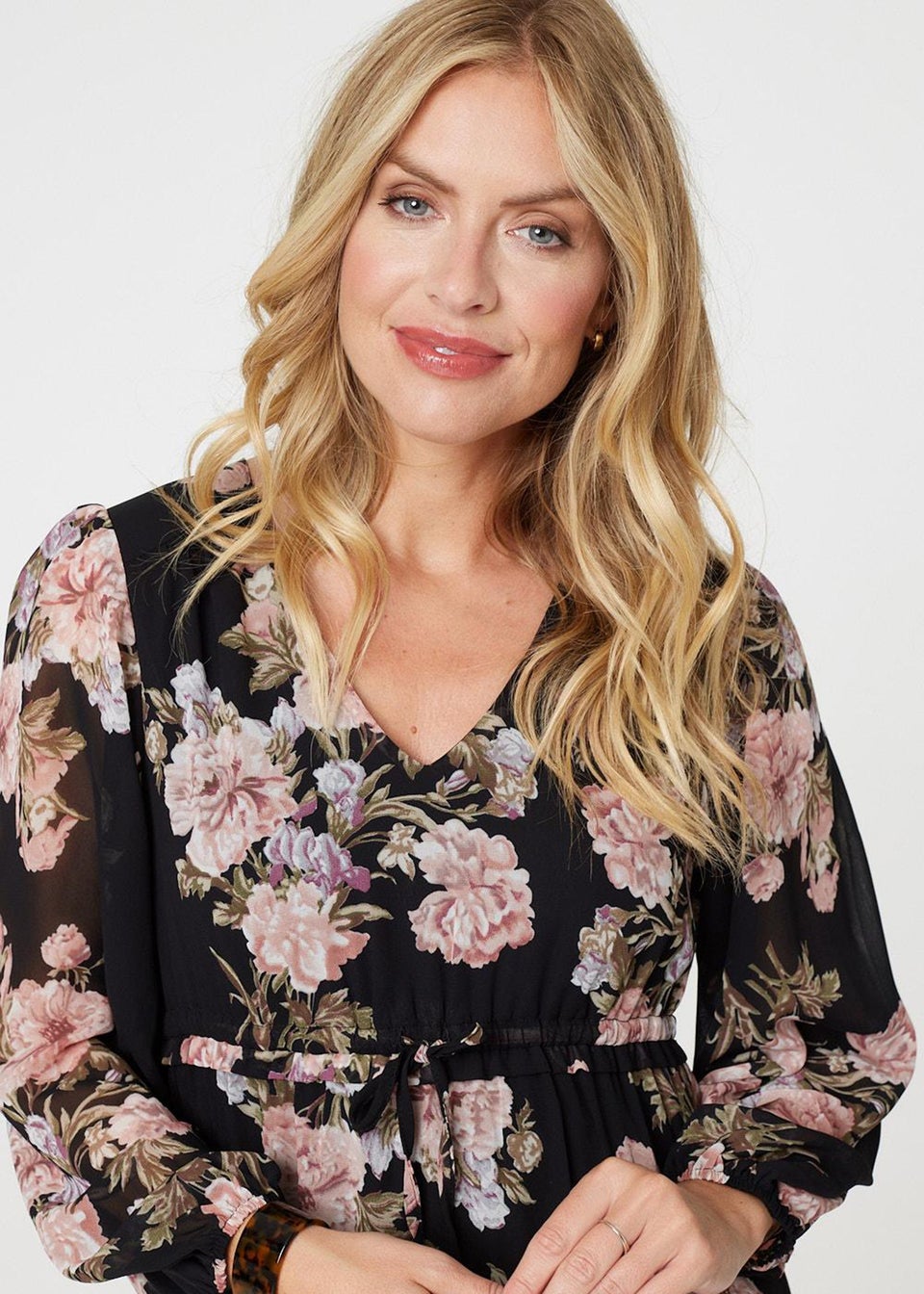 Izabel London Black Floral Semi Sheer Empire Waist Midi Dress