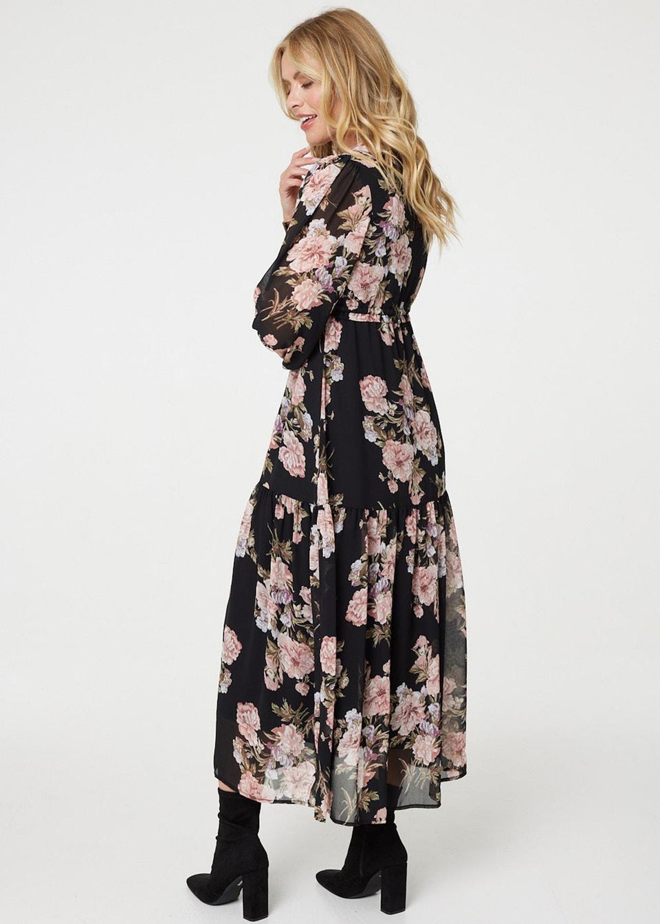 Izabel London Black Floral Semi Sheer Empire Waist Midi Dress