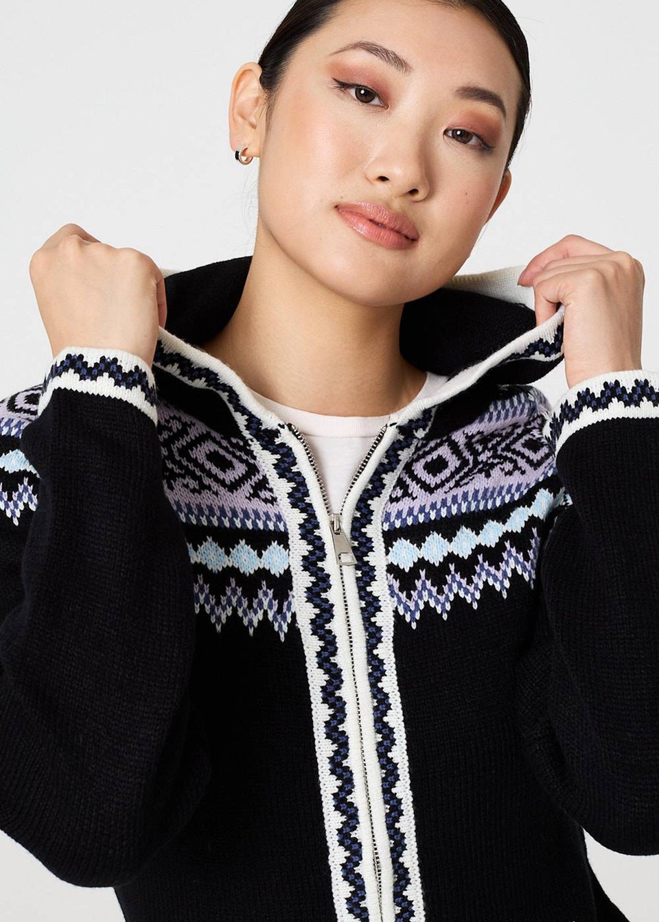 Izabel London Black Ikat Print Zip Front Hooded Jumper