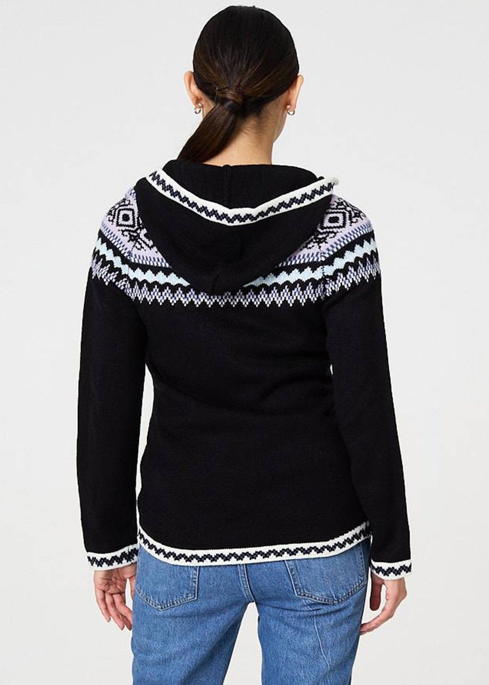 Izabel London Black Ikat Print Zip Front Hooded Jumper