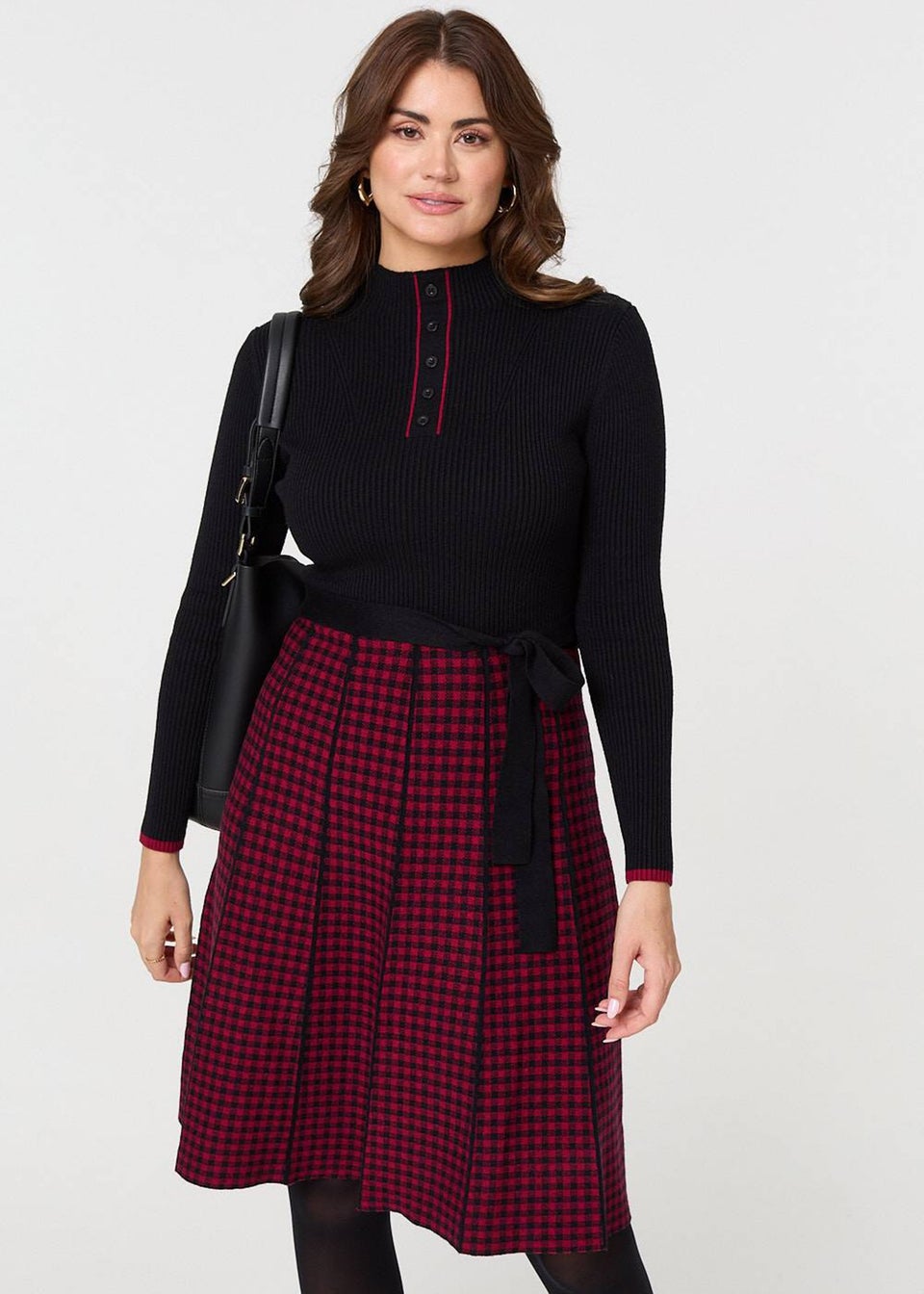Izabel London Black Checked Pleated Knee Length Jumper Dress