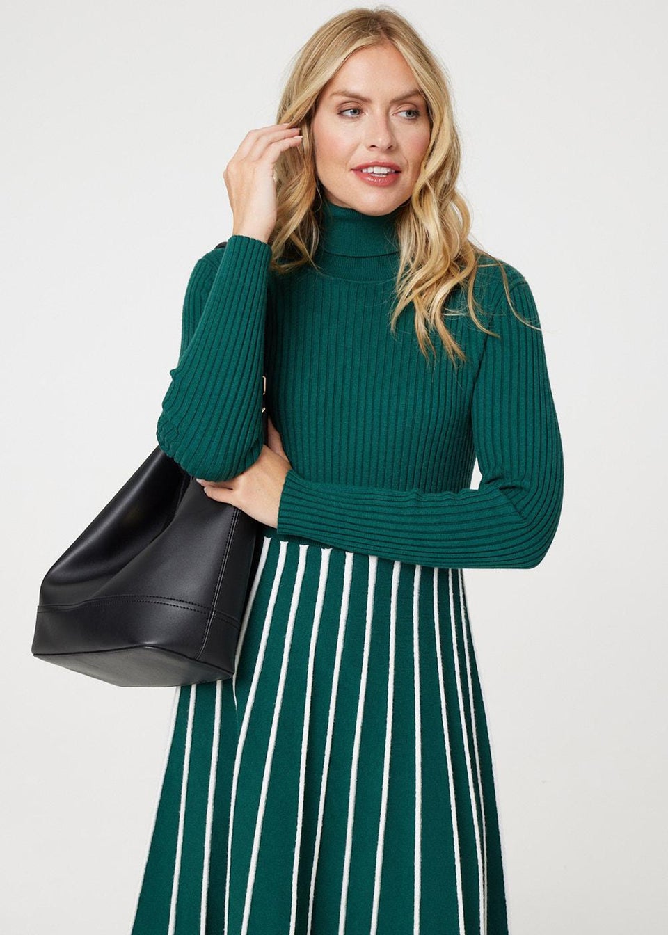 Izabel London Green Striped Knit Top High Neck Midi Dress