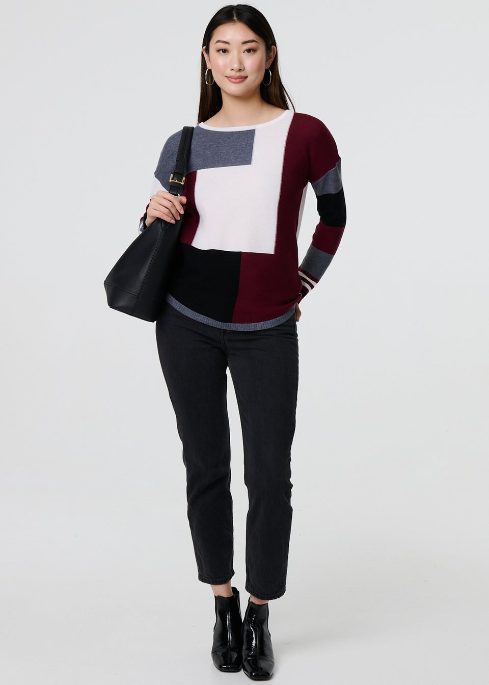 Izabel London Red Colour Block Curve Hem Boat Neck Jumper