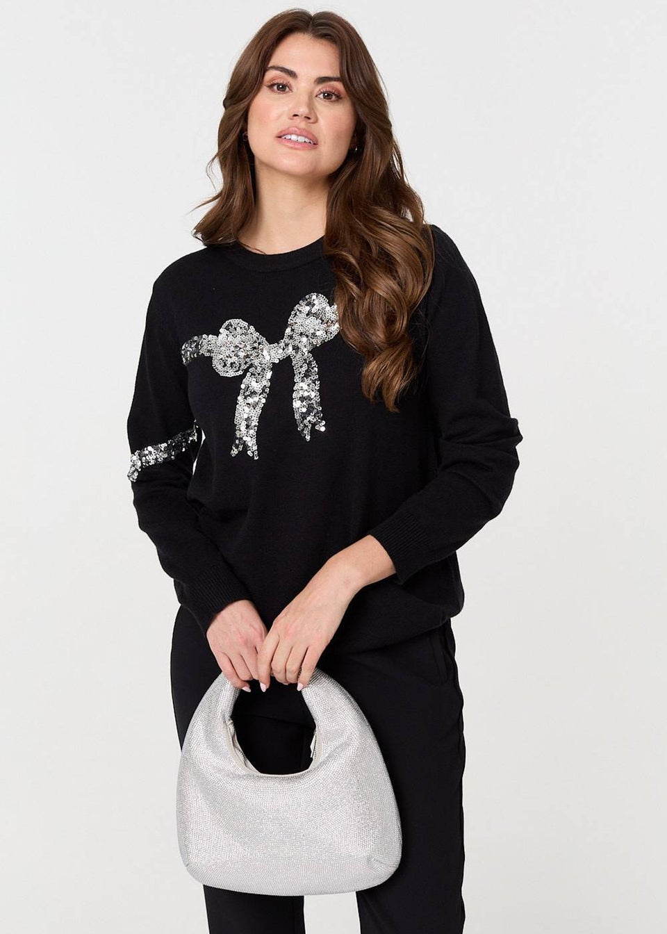 Izabel London Black Sequin Bow Print Long Sleeve Jumper