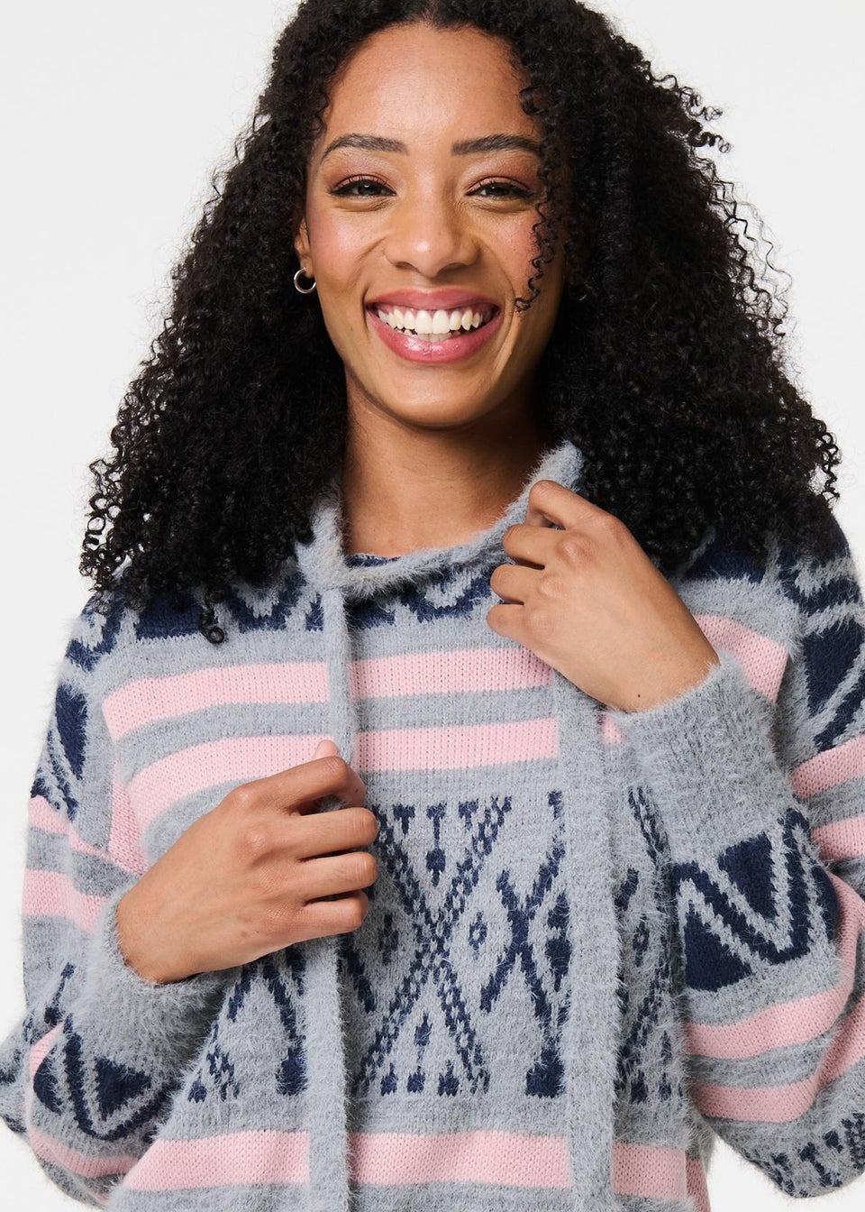 Izabel London Grey Ikat Print Relaxed Hooded Sweatshirt