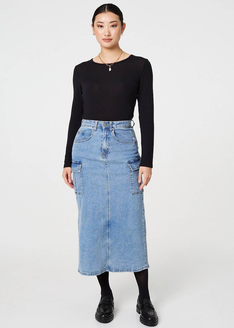 Izabel London Blue Denim High Waist Midi Cargo Skirt