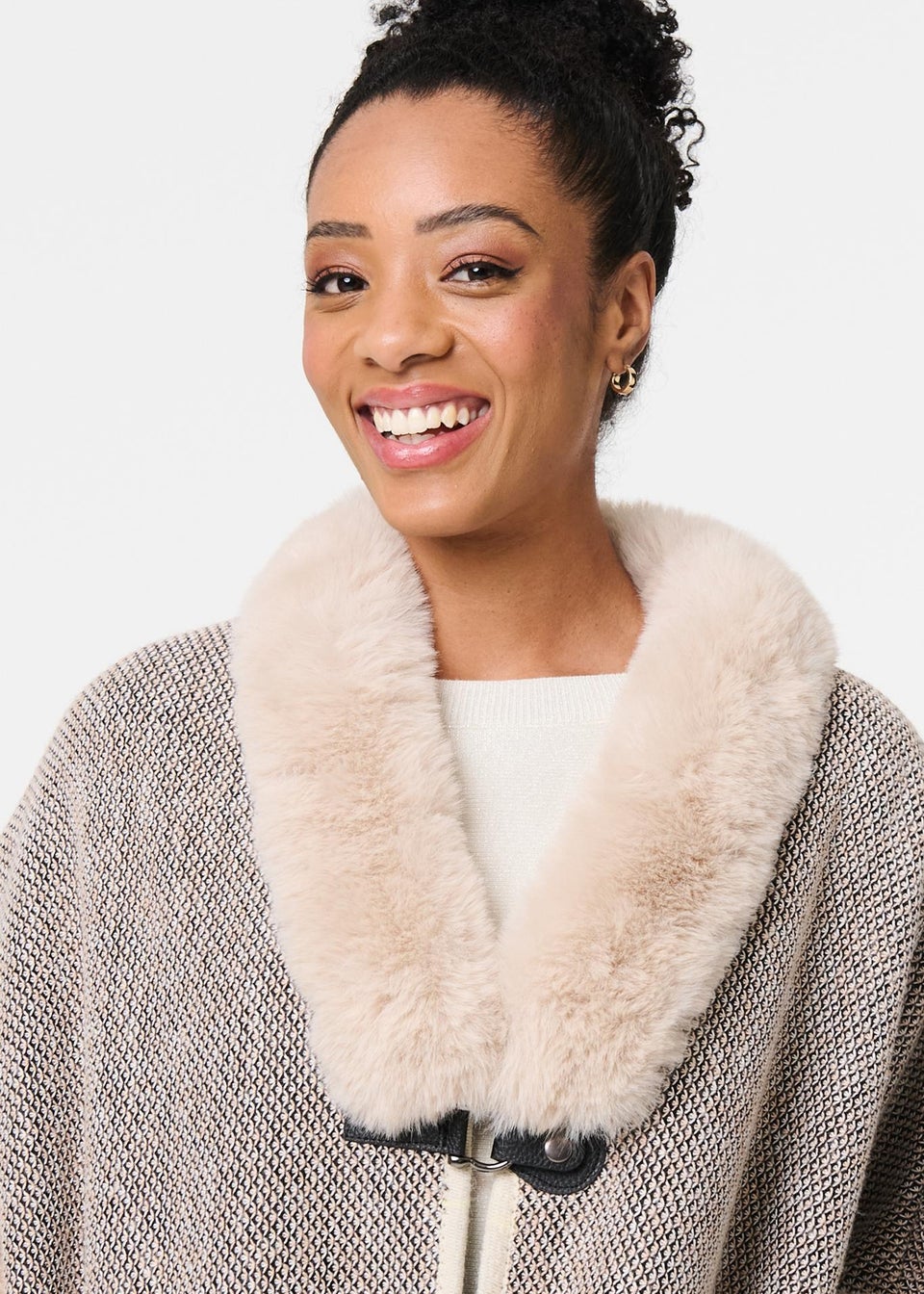 Izabel London Beige Faux Fur Trim Buckled Poncho