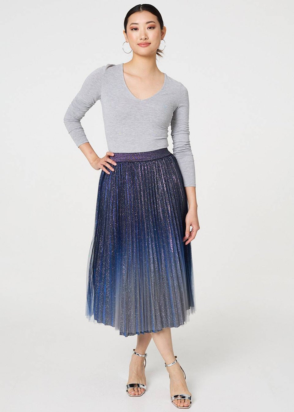 Izabel London Blue Glittery Sheer Mesh Pleated Midi Skirt