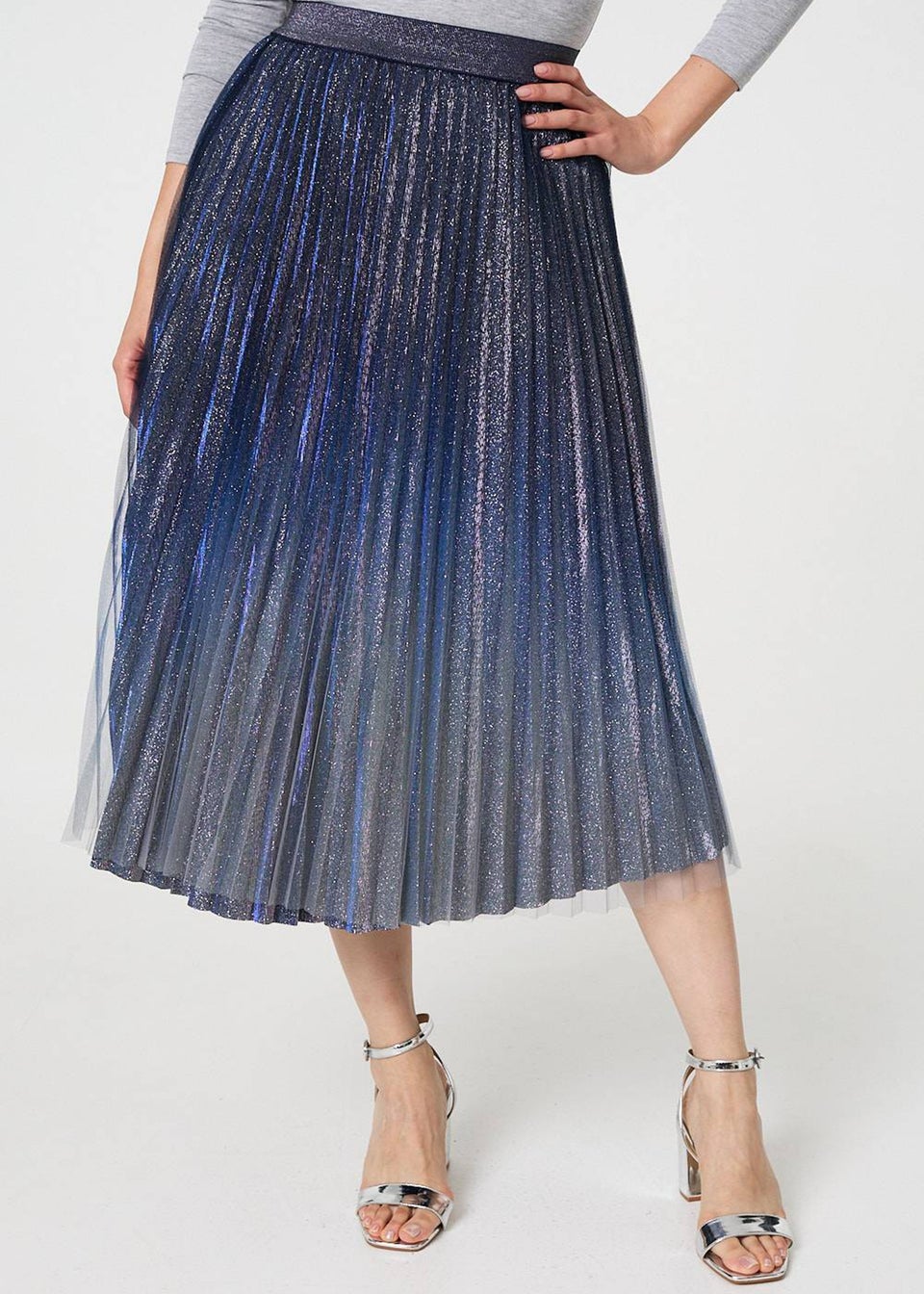 Izabel London Blue Glittery Sheer Mesh Pleated Midi Skirt