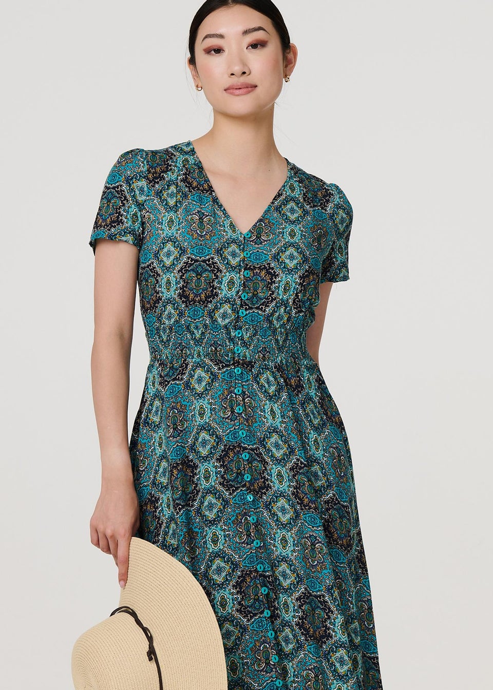 Izabel London Green Mosaic Print Short Sleeve Smock Maxi Dress