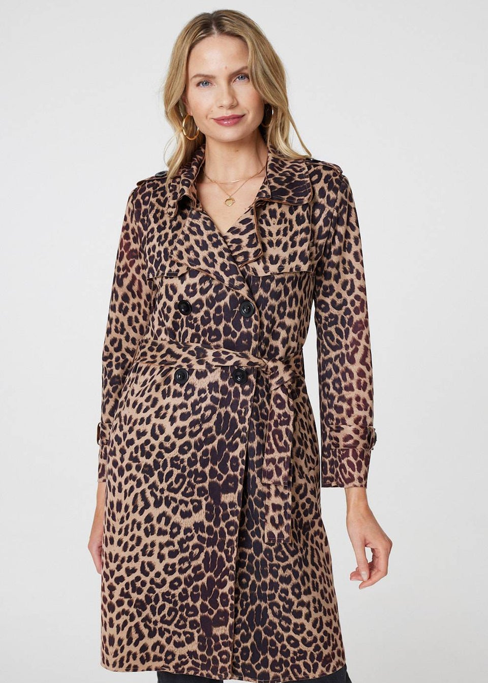 Izabel London Beige Leopard Print Double Breasted Trench Coat