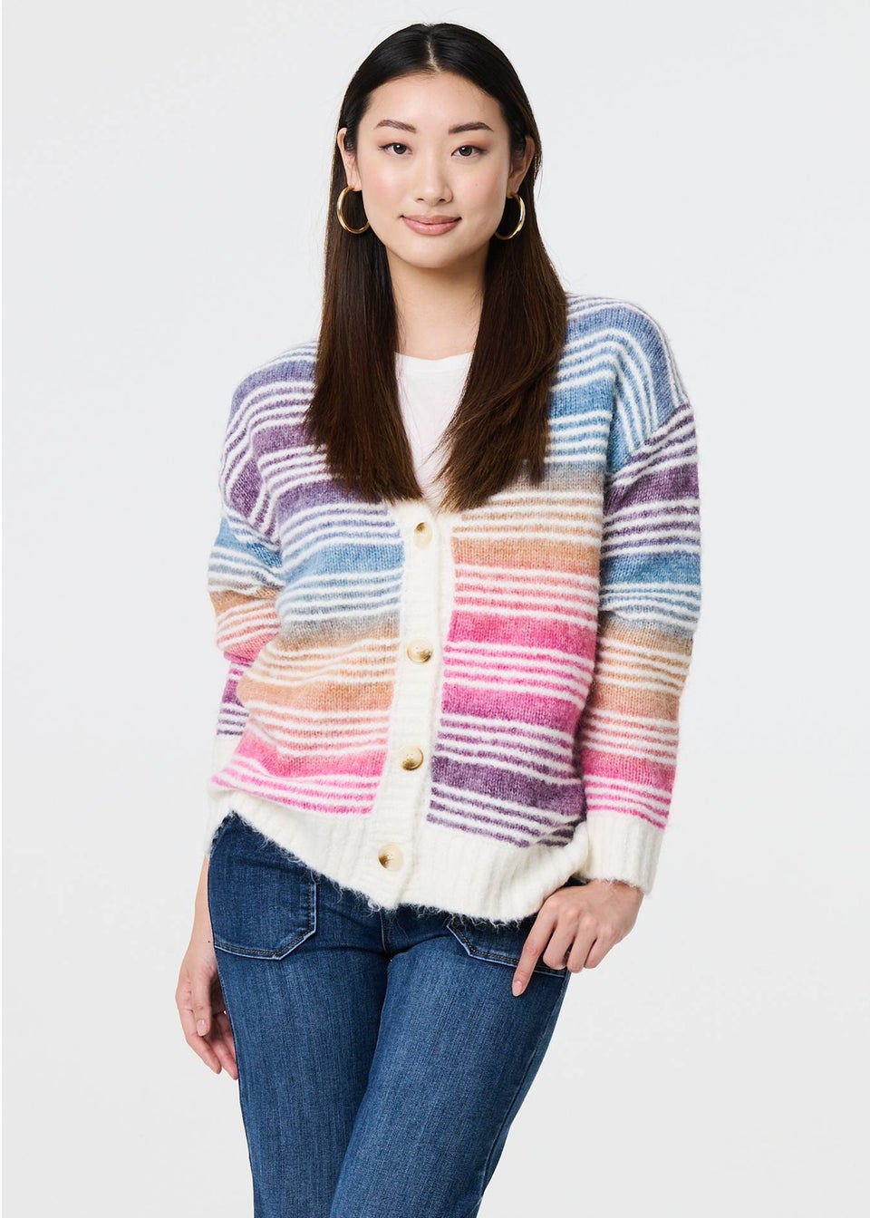 Izabel London Pink Stripe Print Relaxed V-Neck Cardigan