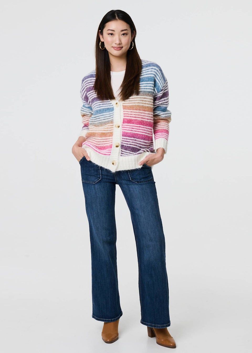 Izabel London Pink Stripe Print Relaxed V-Neck Cardigan