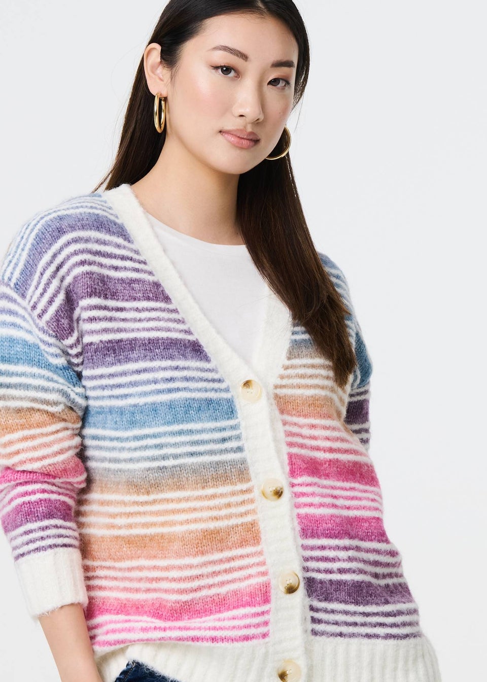 Izabel London Pink Stripe Print Relaxed V-Neck Cardigan