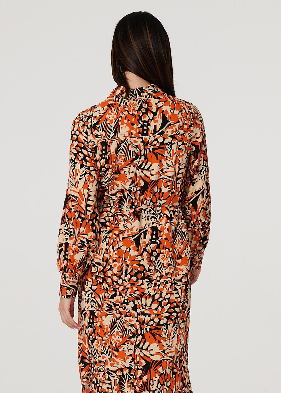 Izabel London Orange Floral Long Sleeve Midi Shirt Dress