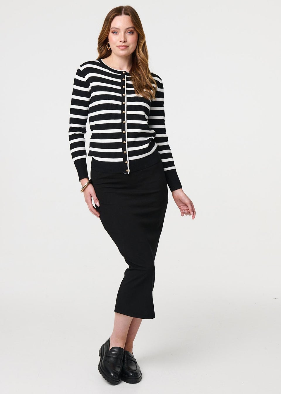 Izabel London Black Stripe Print Button-Up Knit Cardigan
