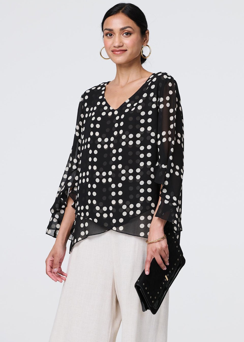 Izabel London Black Dot Print Semi Sheer Flare Sleeve Blouse