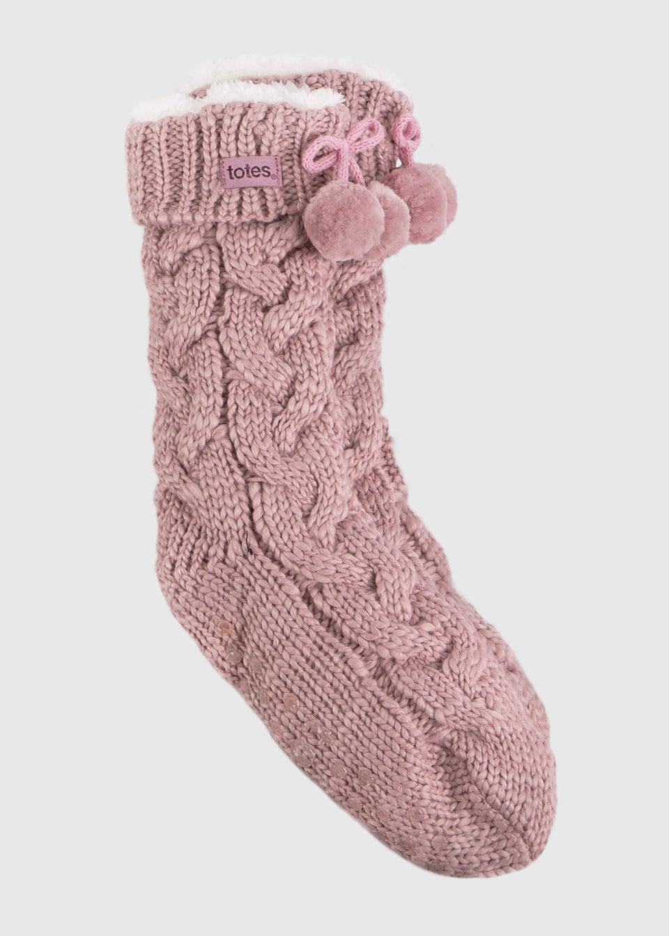 Totes Toasties Pink Ladies Luxury Chunky Knit Slipper-Sox With Pom