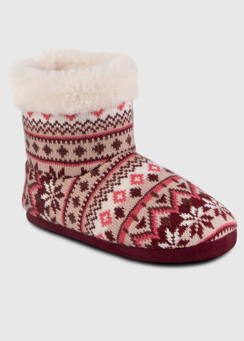 Totes Toasties Ladies Fair Isle Knit Boot Slippers With Faux Fur Cuff