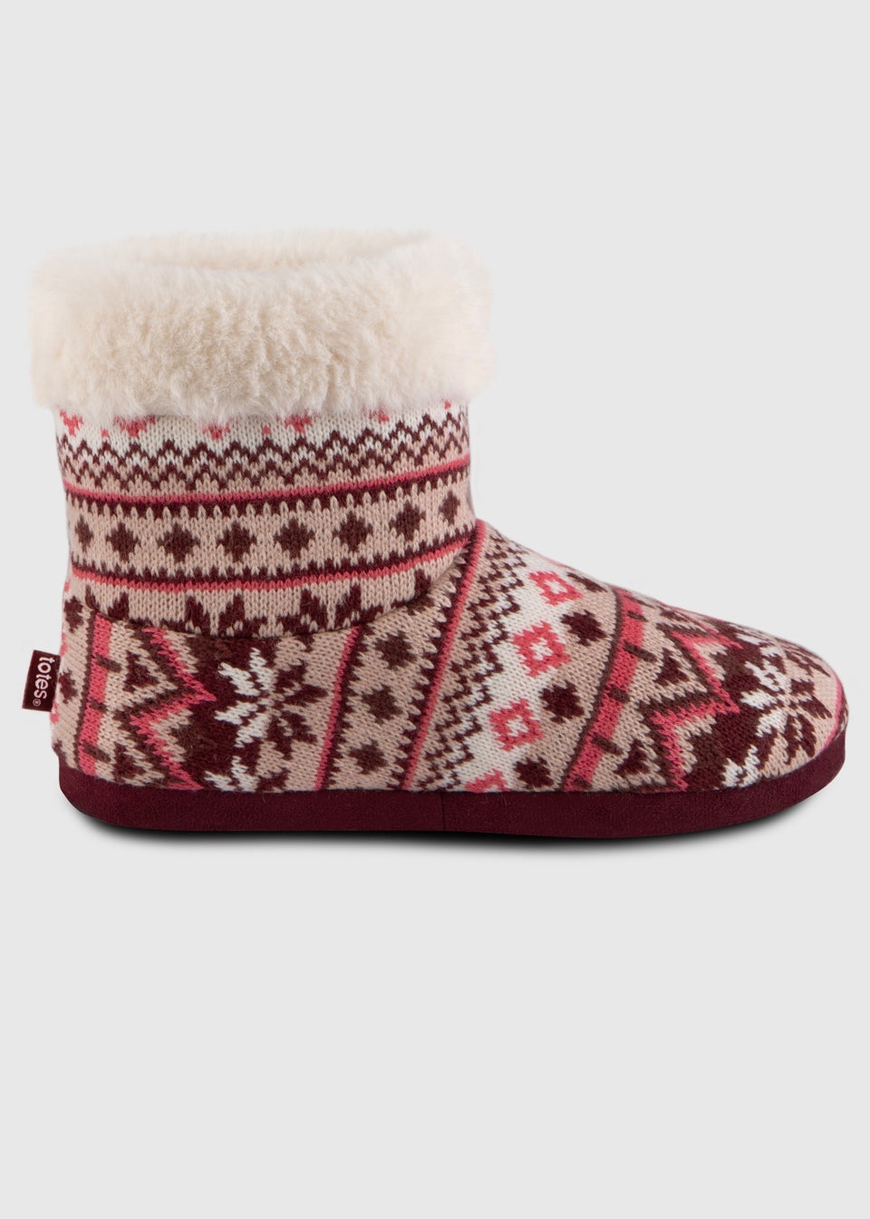 Totes Toasties Ladies Fair Isle Knit Boot Slippers With Faux Fur Cuff