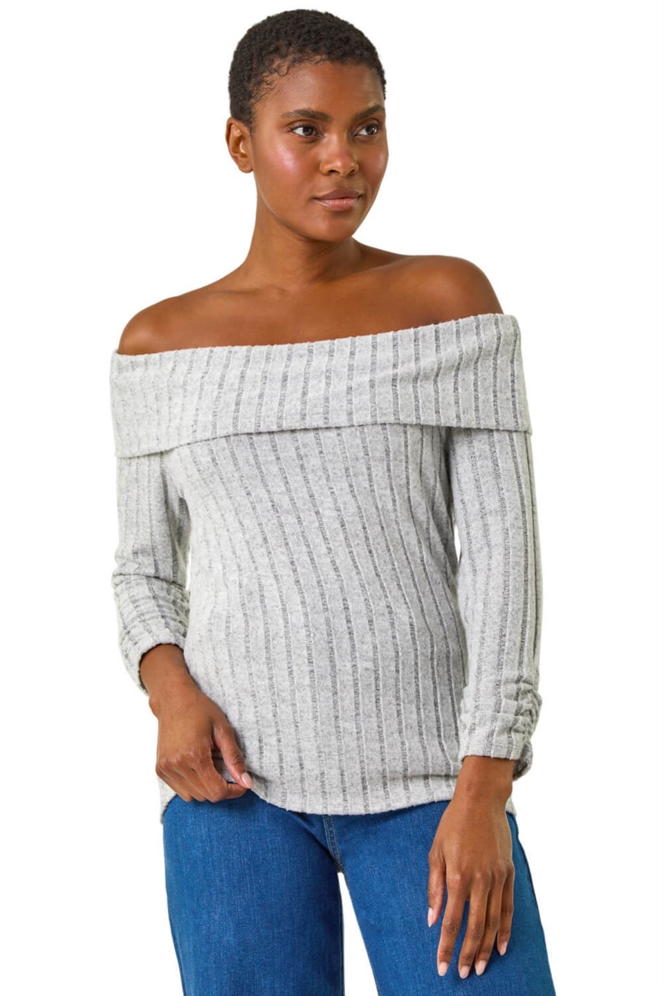 Roman Light Grey Soft Ribbed Bardot Stretch Top Matalan
