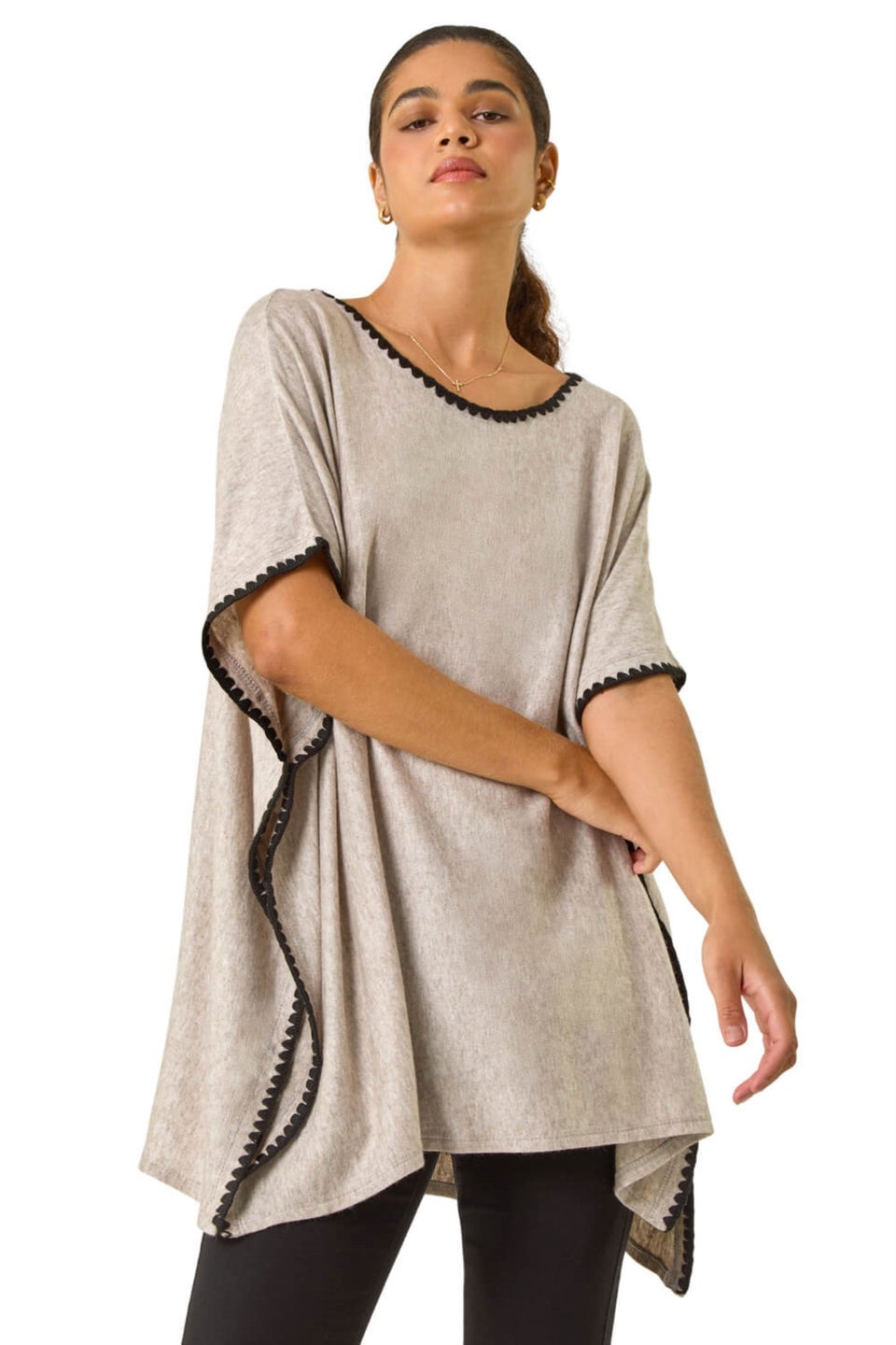 Roman Taupe Blanket Stitch Knit Poncho