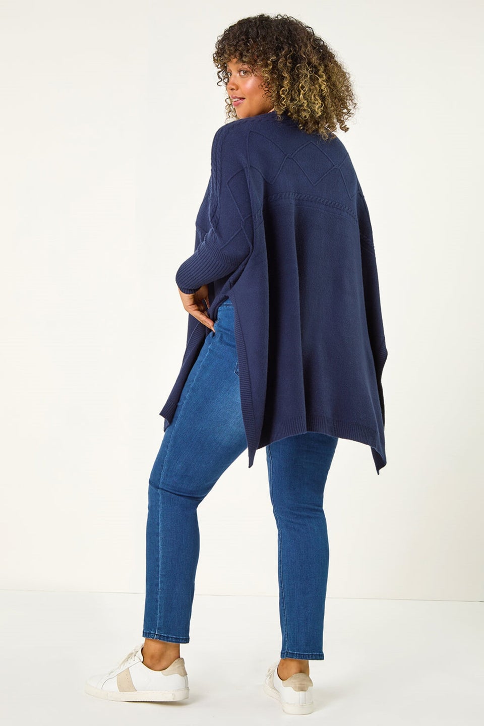 Roman Midnight Blue Curve High Neck Cable Knit Poncho