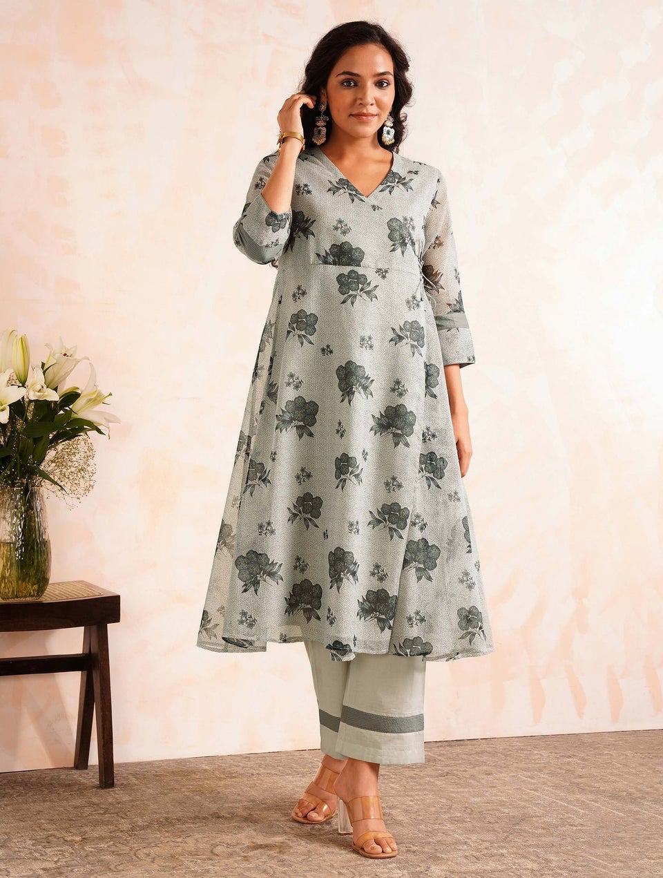 Jaypore Women Multicolour Cotton Silk Hand Block Print V Neck Anghrakha Kurta with Pants