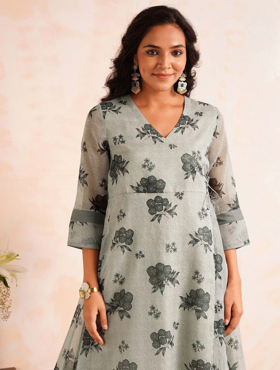 Jaypore Women Multicolour Cotton Silk Hand Block Print V Neck Anghrakha Kurta with Pants
