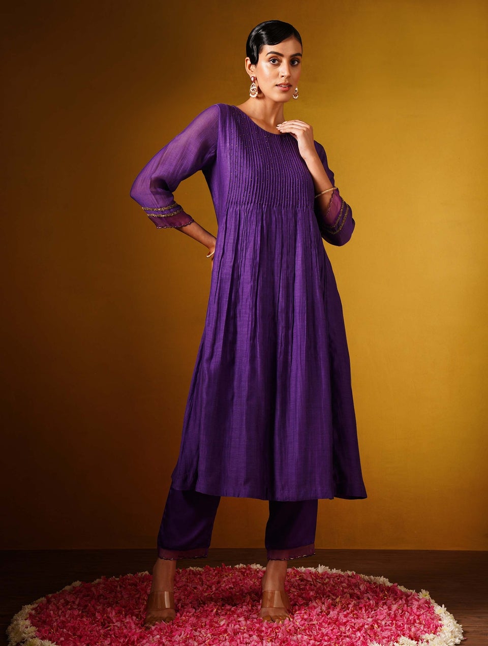 Jaypore Women Purple Cotton Silk Hand Embroidery Round Neck Flared Kurta with Pants