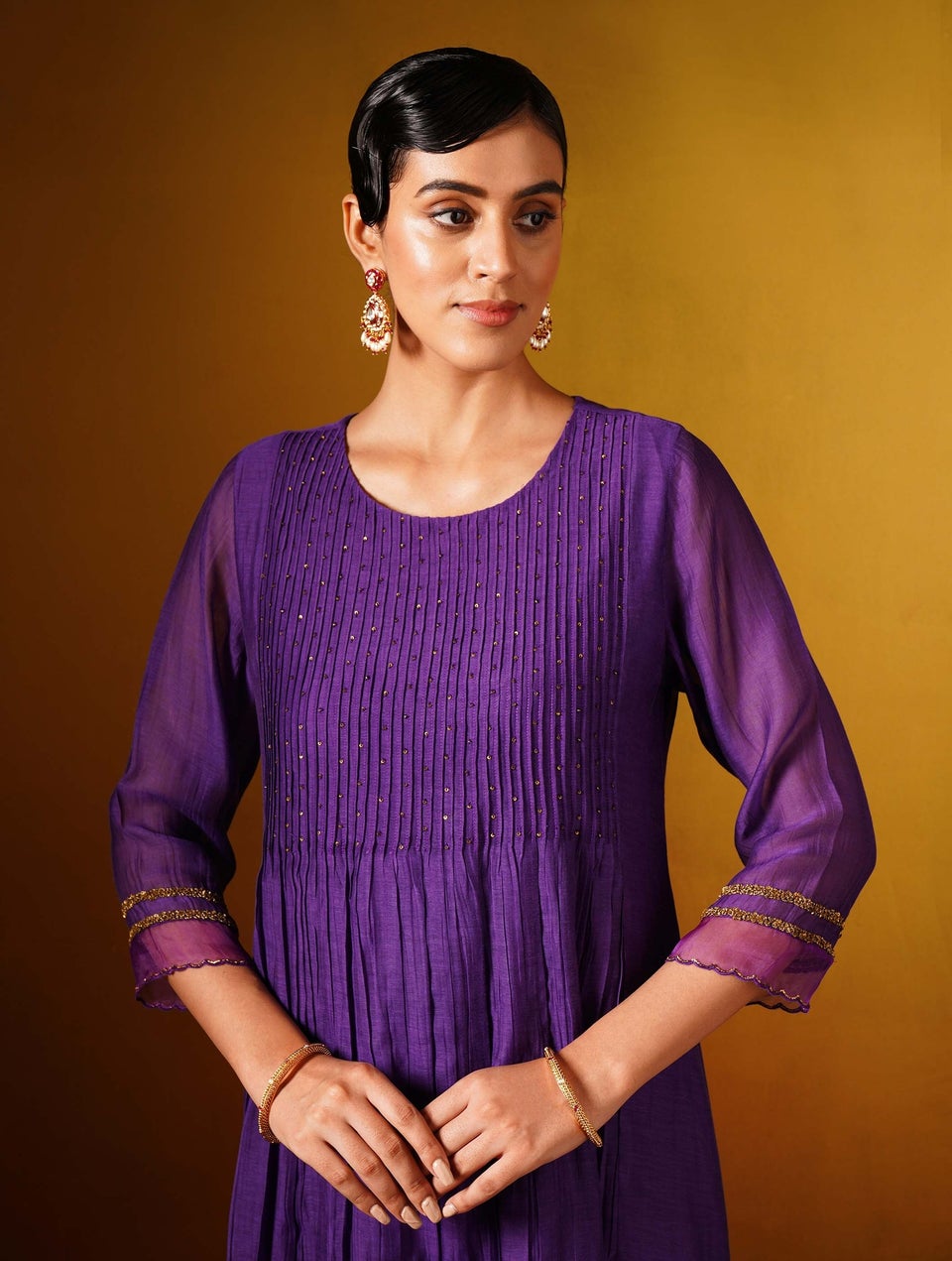 Jaypore Women Purple Cotton Silk Hand Embroidery Round Neck Flared Kurta with Pants