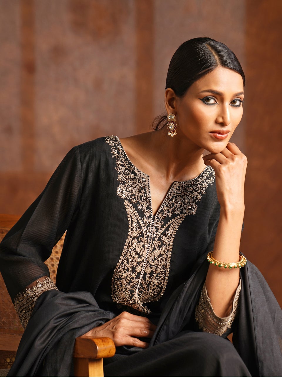 Jaypore Women Black Cotton Silk Round Neck Straight Kurta, Pants & Dupatta - XS