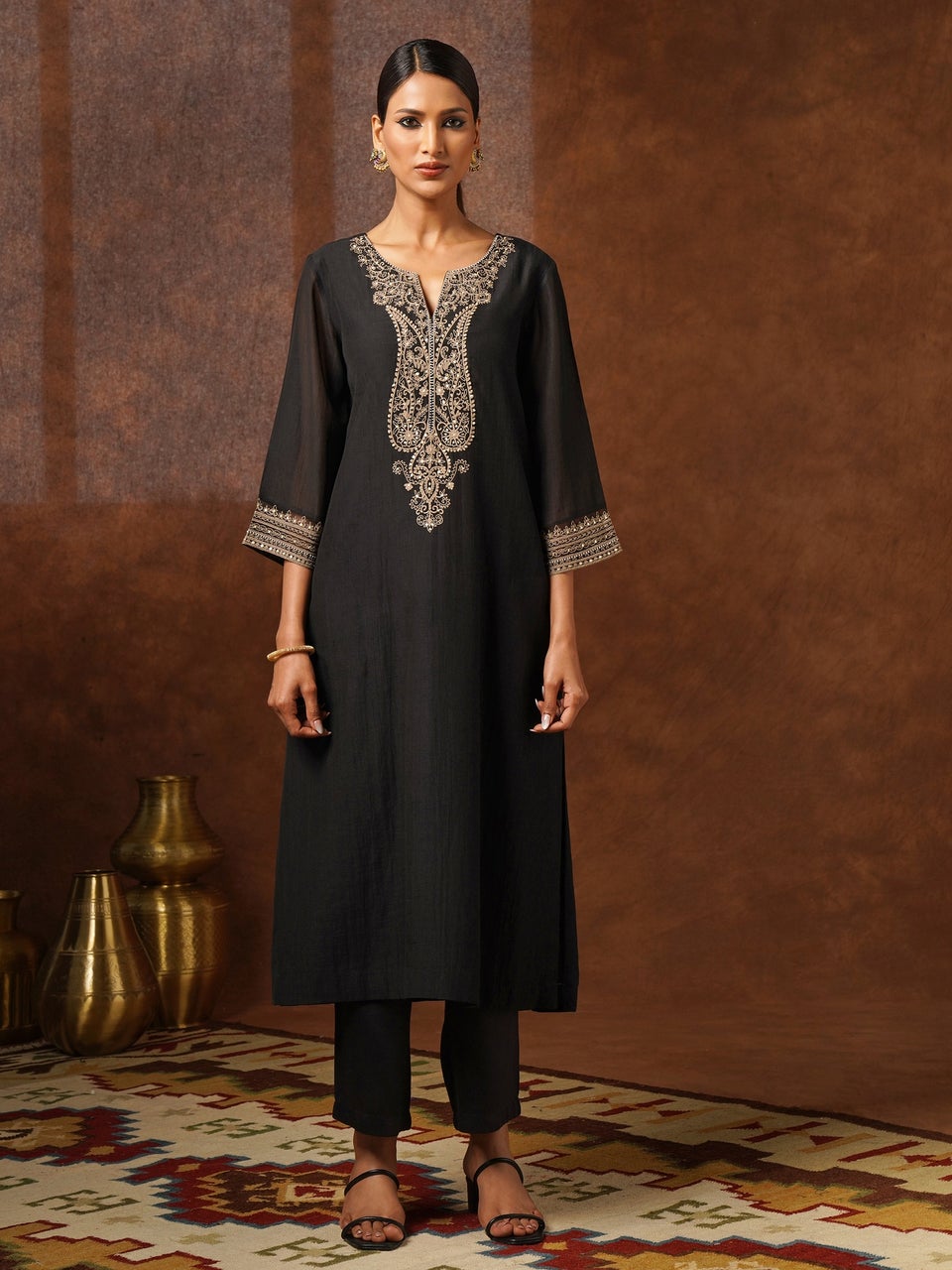 Jaypore Women Black Cotton Silk Round Neck Straight Kurta, Pants & Dupatta - XS