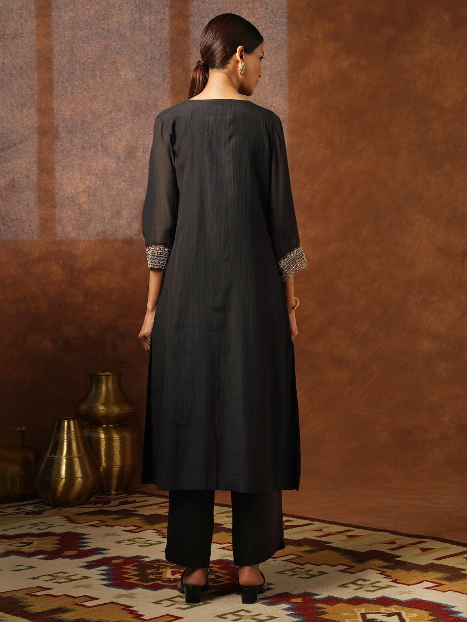 Jaypore Women Black Cotton Silk Round Neck Straight Kurta, Pants & Dupatta - XS