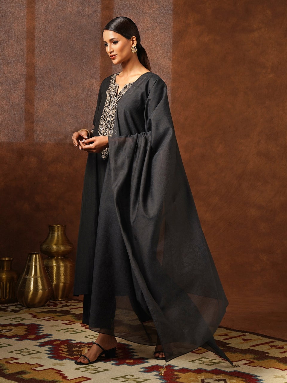 Jaypore Women Black Cotton Silk Round Neck Straight Kurta, Pants & Dupatta - XS